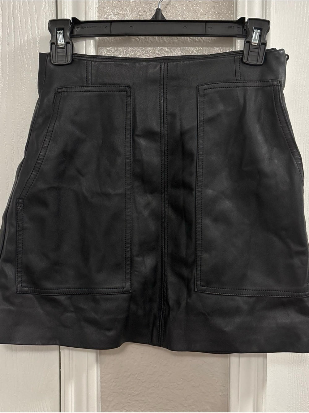 Black Faux Leather Women's Skirt with Front Patch Pockets